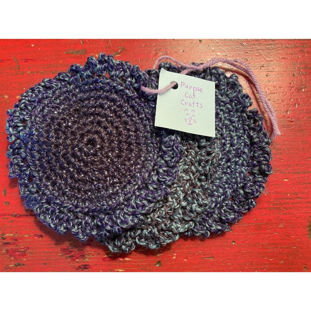 PURPLE CAT CRAFTS Handmade Crocheted Coasters Lot of 3 Purple Green Colors